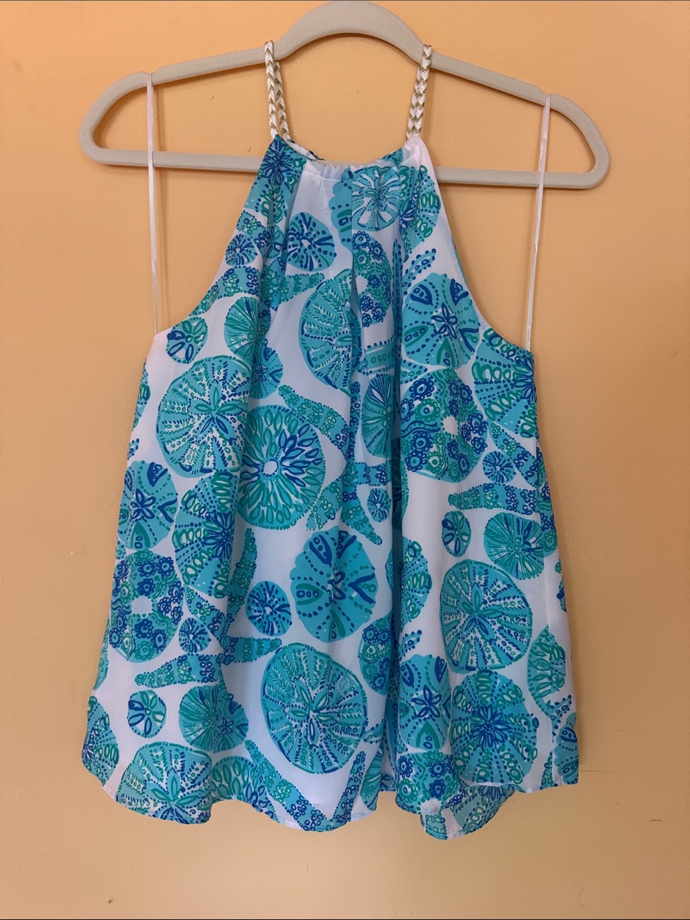 Lilly Pulitzer "Sea Urchin For You" Turquoise & White Halter Tank Top Size M